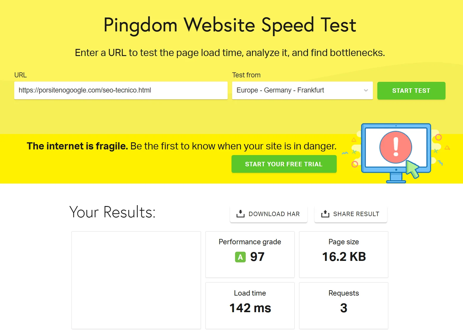 Resultado Pingdom SEO após conversão para HTML