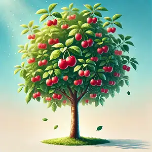 Árvore de cerejeira com frutos maduros e folhas verdes vibrantes.