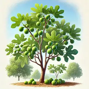 Árvore de figo com frutos verdes, simbolizando crescimento e sustentabilidade.