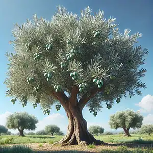 árvore com fruto verde sob céu azul, paisagem natural, agricultura sustentável, árvore de Oliveira, campo verdejante.