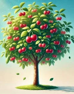 Árvore de cerejeira com frutos maduros e folhas verdes vibrantes.