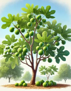 Árvore de figo com frutos verdes, simbolizando crescimento e sustentabilidade.