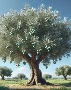 árvore com fruto verde sob céu azul, paisagem natural, agricultura sustentável, árvore de Oliveira, campo verdejante.